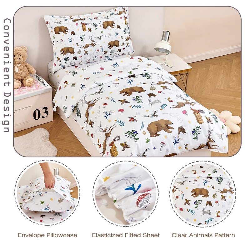 PERFEMET 4-Piece Toddler Bedding Set-Reversible Woodland Animal Toddler Bed Sets for Boys Girls-Soft Lightweight Cartoon Bear Deer Print Toddler Bed Comforter with Sheets for All Season - Image 5